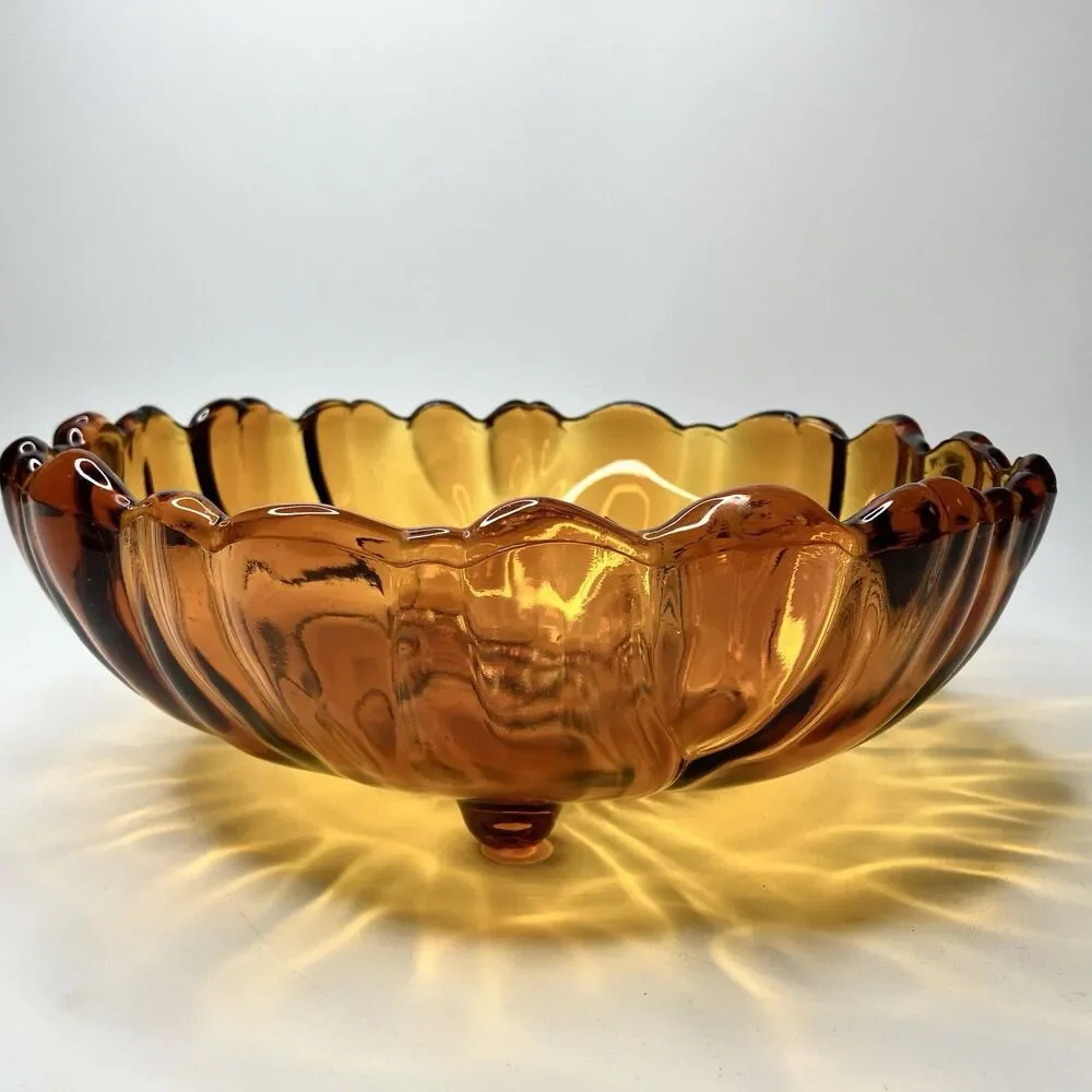 Vintage Indiana Amber Glass Sunflower Peony Serving Bowl 3 footed approx 11 inch